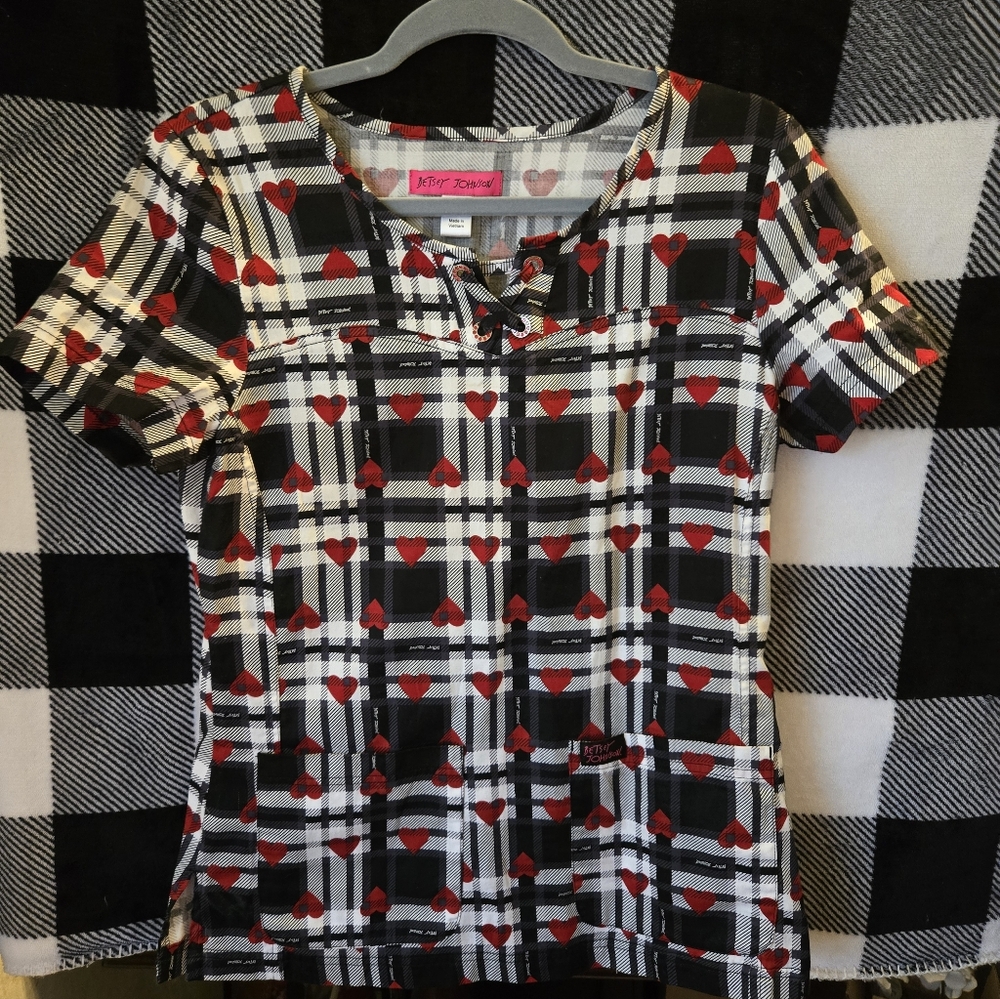 Betsey Johnson Black White Plaid Top with Red Heart Print